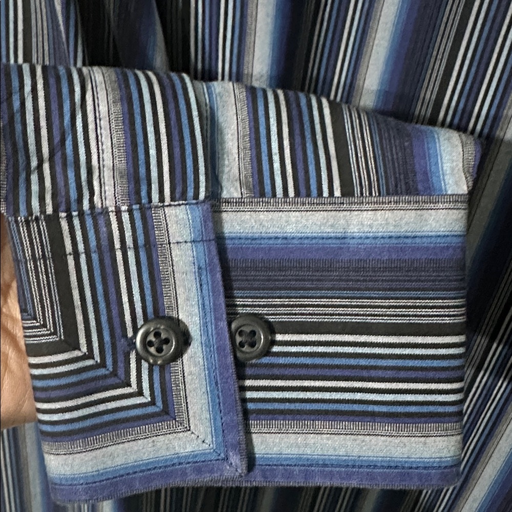 Kenneth Cole Men Navy Blue Black Striped Button Down Luxury Shirt Size 34-35 / M - Picture 6 of 8